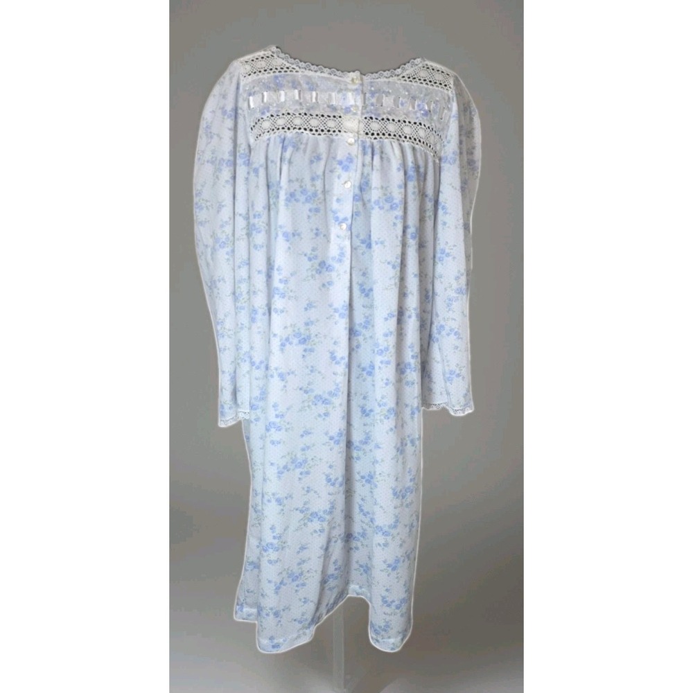 Vintage Prairie Nightgown Womens L Blue Floral Lace Cottagecore Granny Gown